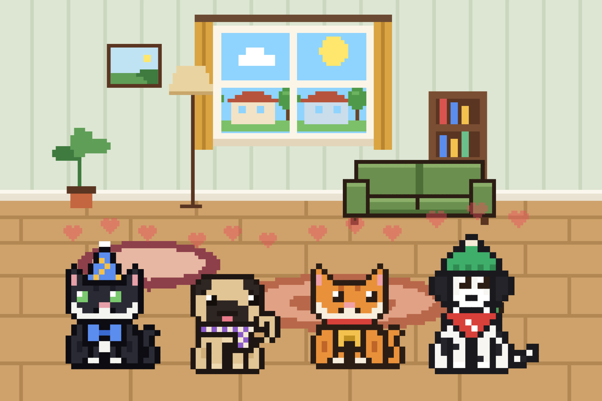 Four pixel art pets sitting in a row in a sunny living room: a tuxedo cat in a party hat, a pug, an orange cat and a dalmatian in a green beanie.